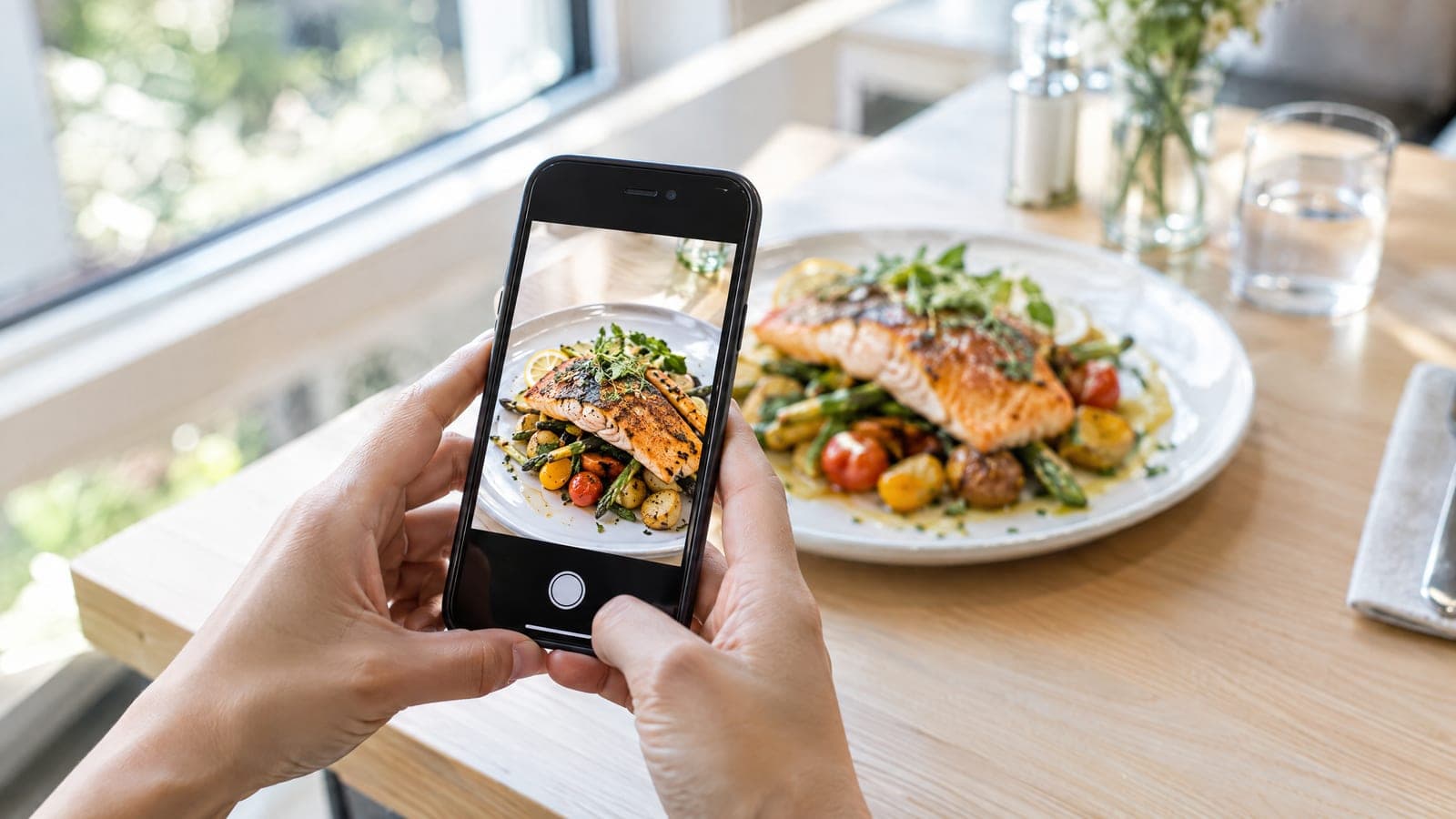Two hands holding a phone over a plate of seared salmon by a bright window, the dish framed on the phone screen