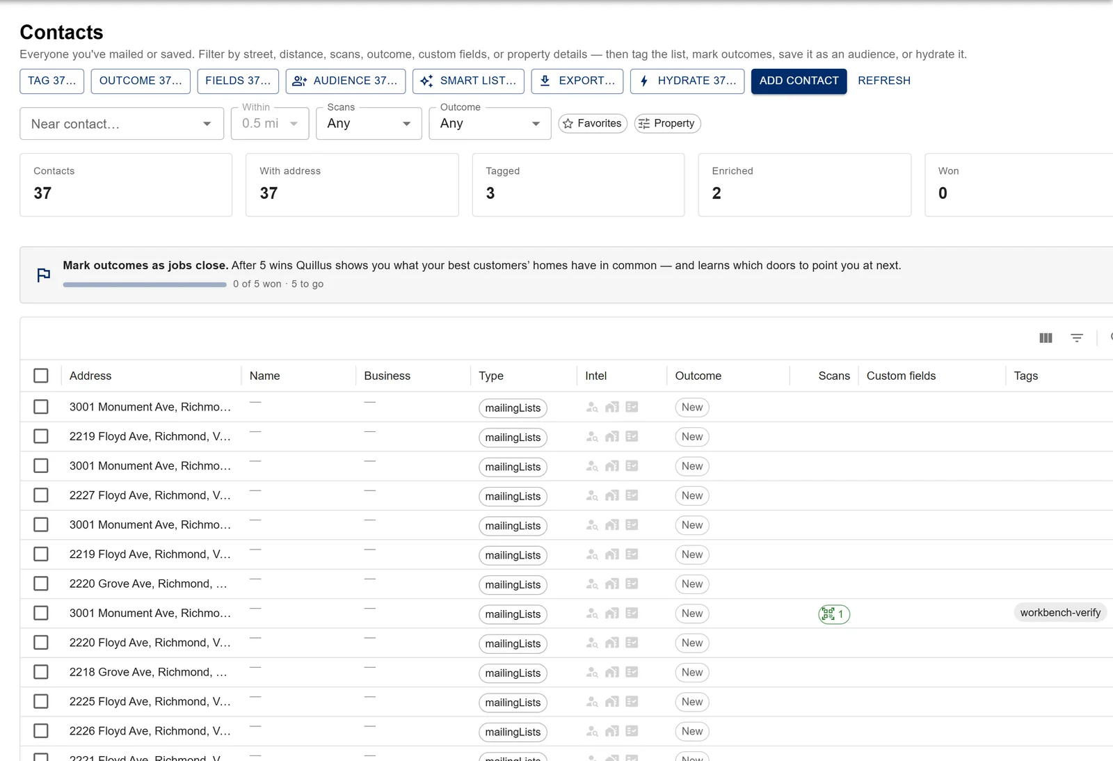 The Quillus Contacts page: 37 contacts with address, intel, outcome, scans and tags columns, filters for distance, scans and outcome, and a prompt to mark outcomes as jobs close.
