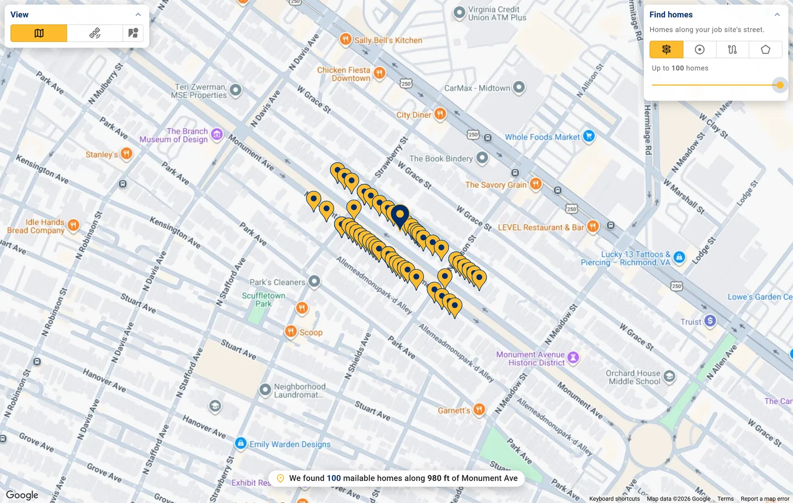 The Quillus send map — 100 gold pins marking the closest mailable homes along the job site's street, with the find-homes panel open