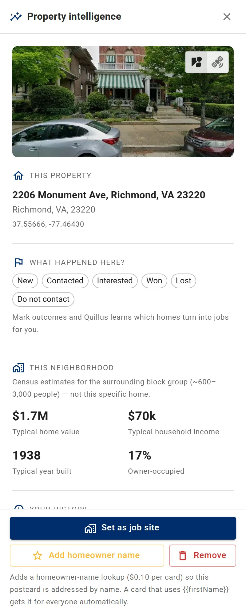 The Property intelligence drawer: a Street View photo of 2206 Monument Ave, outcome chips (New, Contacted, Interested, Won, Lost), and the block group's typical home value, household income, year built and owner-occupancy.