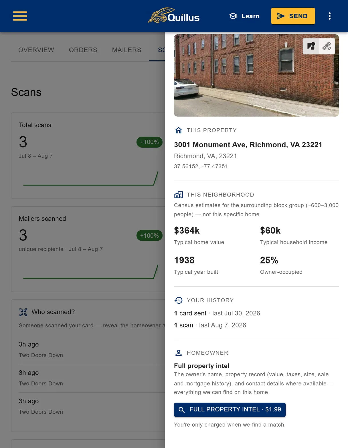 The Quillus scans dashboard mid-reveal — the 'Who scanned?' feed behind the property-intelligence drawer showing the scanning home's Street View photo, address, neighborhood stats, and send/scan history