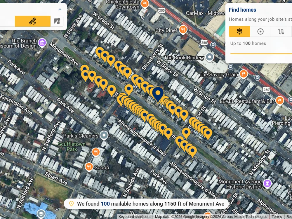 Quillus same-street targeting: the 100 nearest homes selected as a corridor along the sold home’s street on satellite imagery.