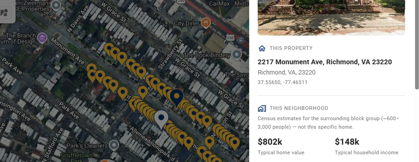 The Quillus farm map: the 100 nearest homes along a street on satellite imagery, with a property-intelligence card open showing a home’s street view and its neighborhood value and income.