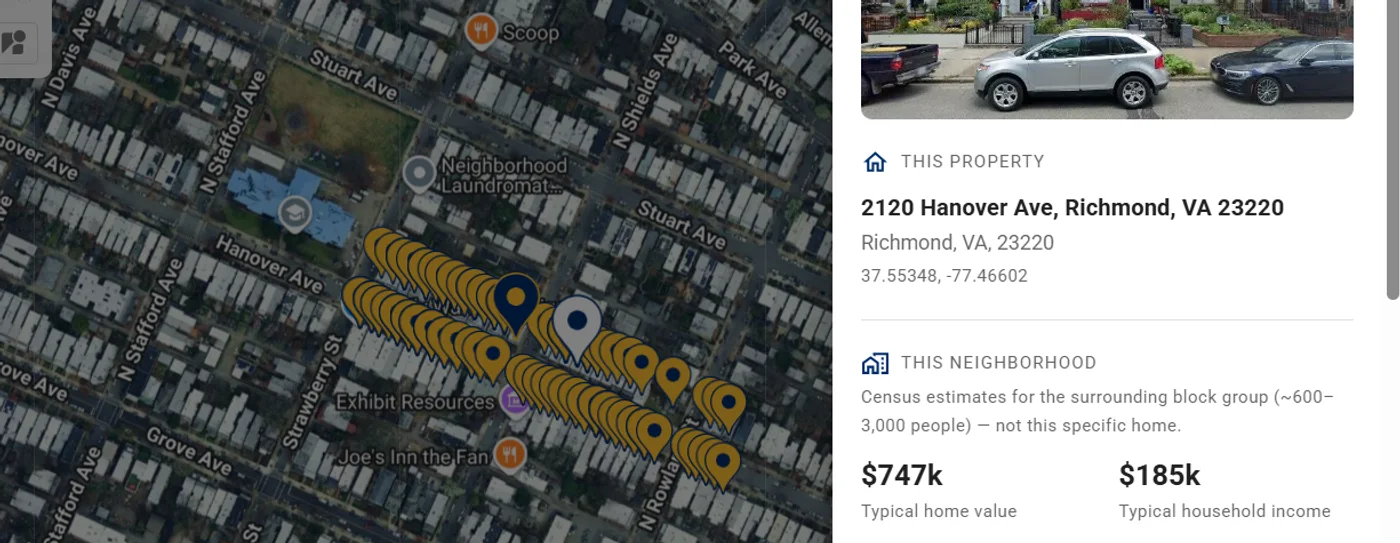 The Quillus send map: 100 homes along a street on satellite imagery, with a property-intelligence card open showing a home’s street view and its neighborhood value and income.