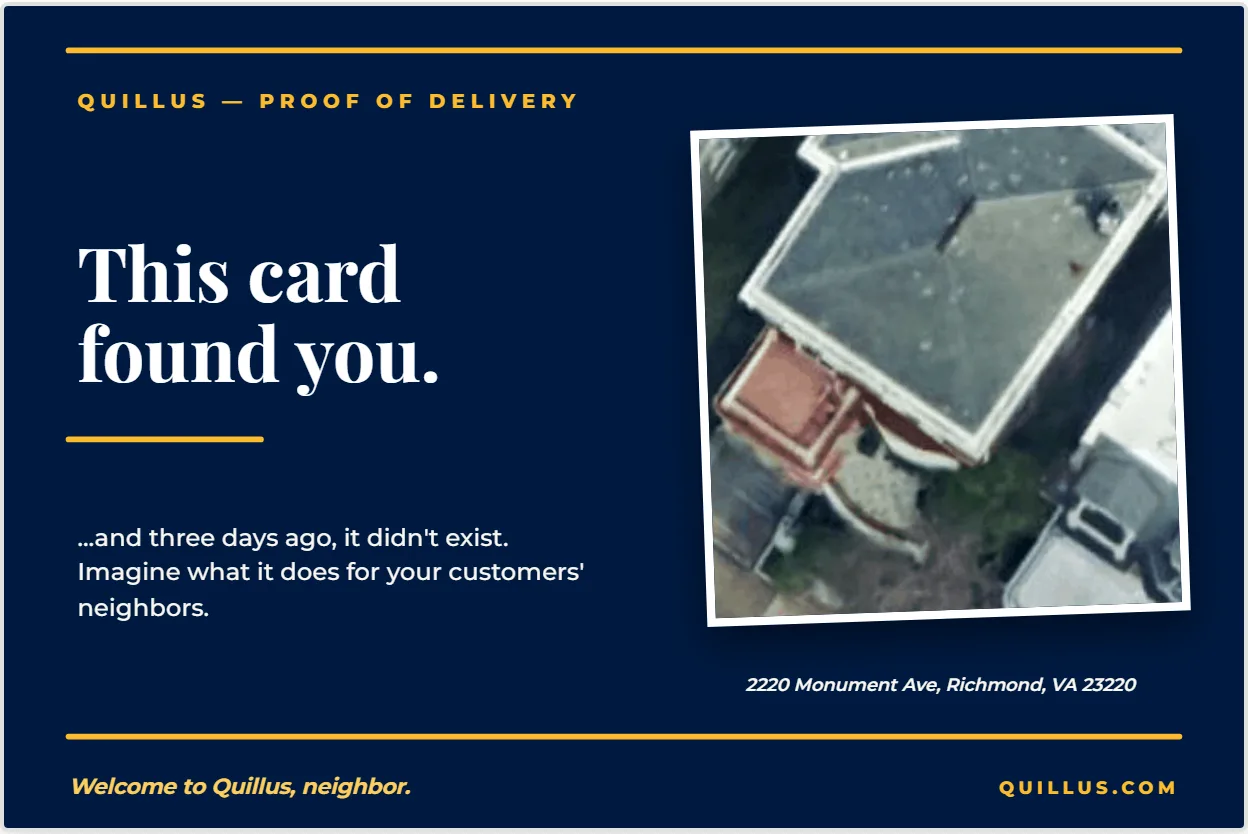 A real Quillus postcard front — a live satellite photo of the recipient's own roof beside the words 'This card found you.'