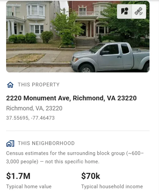 Quillus property intelligence panel: a street view of a Monument Avenue home plus its neighborhood home-value and income estimates.