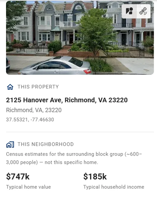 Quillus property intelligence panel: a street view of the home plus its neighborhood home-value and income estimates.