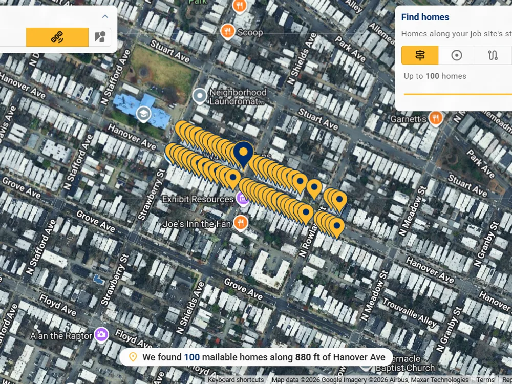 Quillus same-street targeting: 100 homes selected as a tight corridor along the job site’s street on satellite imagery.